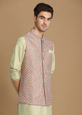 alt message - Manyavar Men Multicolored Jacket With Lime Green Kurta Set image number 0